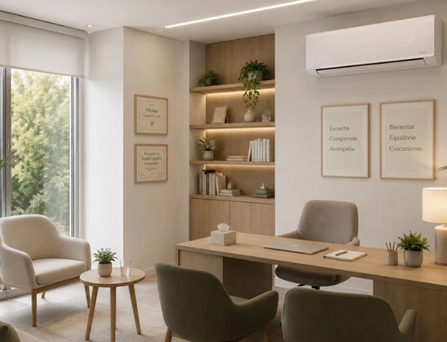 Salón con aire acondicionado split CoolSmart en la pared