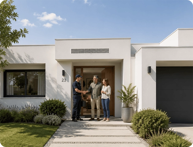 Instalador de CoolSmart con una familia en la entrada de su vivienda