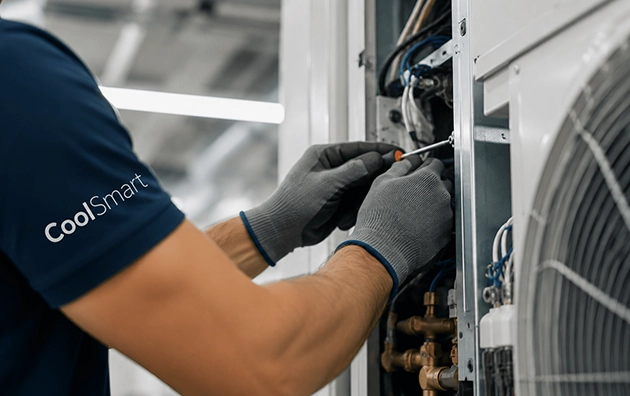 Técnico de CoolSmart reparando una unidad exterior de aire acondicionado